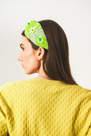 Q2 Women's Hat One Size / Green Chunky Headband With Embellished Green Flowers
