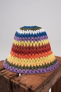 Q2 Women's Hat One Size / Orange / China Straw Bucket Hat in Rainbow