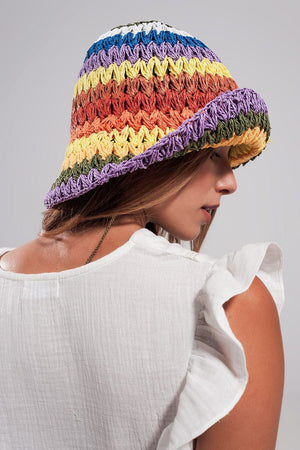 Q2 Women's Hat One Size / Orange / China Straw Bucket Hat in Rainbow