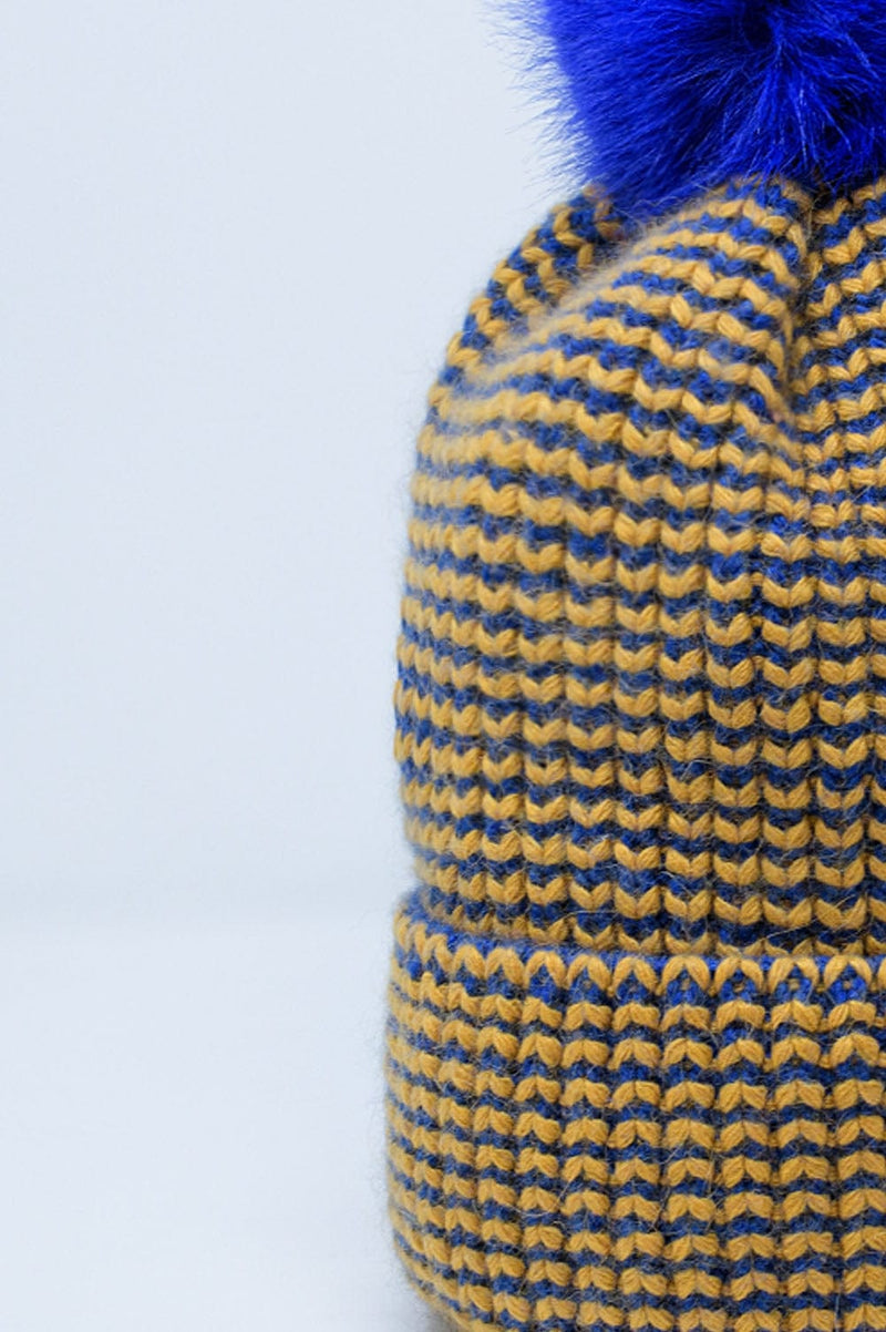 Q2 Women's Hat One Size / Yellow Knitted Beanie With Pom Pom In Blue And Yellow