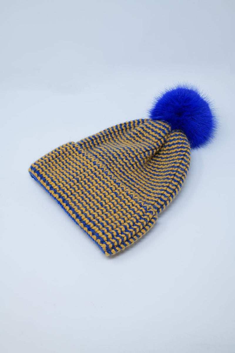 Q2 Women's Hat One Size / Yellow Knitted Beanie With Pom Pom In Blue And Yellow