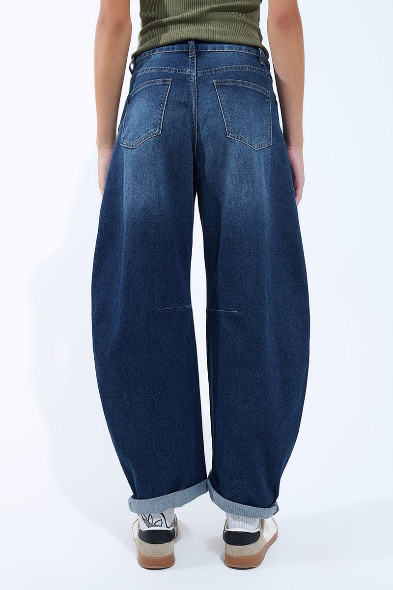 Q2 Women's Jean Barrel Jeans With Balloon-Style Knee Seam Detail