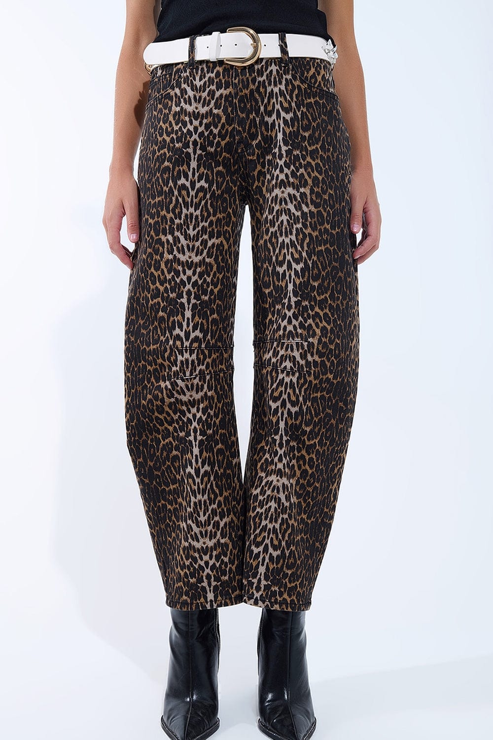 Q2 Women's Jean Barrel Leopard Print Jeans