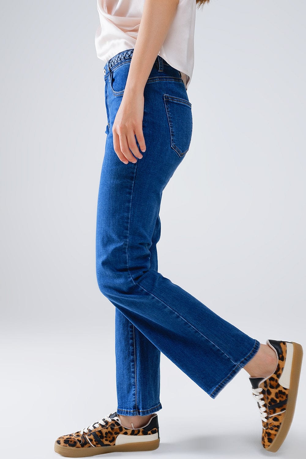 Q2 Women's Jean Basic Dark Blue Denim Jeans With Braid Detail At Waist