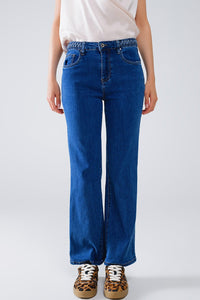 Q2 Women's Jean Basic Dark Blue Denim Jeans With Braid Detail At Waist