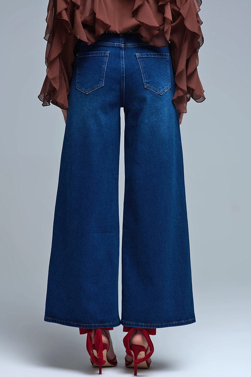 Q2 Women's Jean Basic Stretch Jeans With Wide Leg In Deep Blue