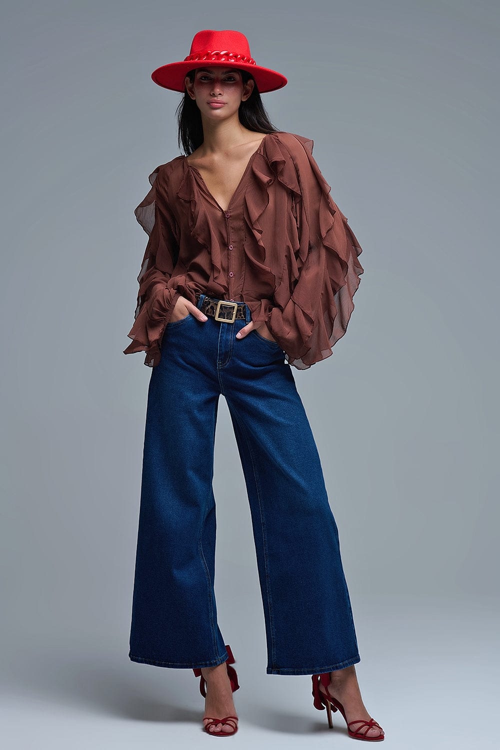 Q2 Women's Jean Basic Stretch Jeans With Wide Leg In Deep Blue
