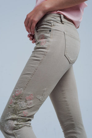 Q2 Women's Jean Beige jeans with Floral Embroidery