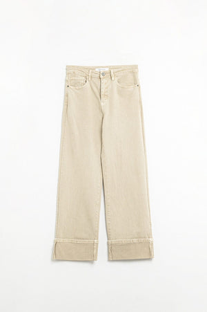 Q2 Women's Jean Beige Straight Leg Pants With Cropped Hem