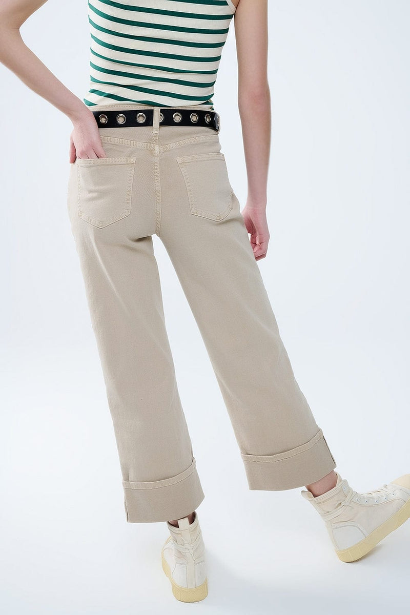 Q2 Women's Jean Beige Straight Leg Pants With Cropped Hem