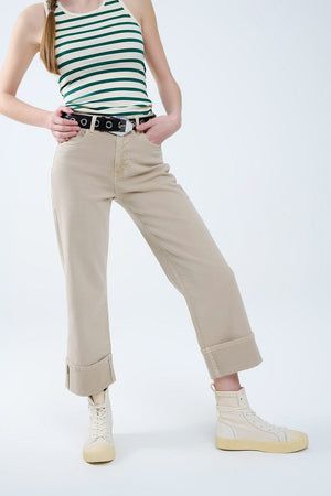 Q2 Women's Jean Beige Straight Leg Pants With Cropped Hem