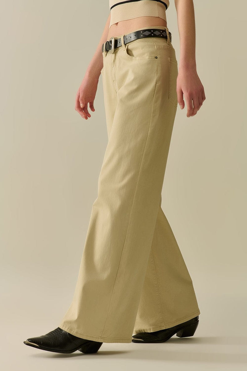 Q2 Women's Jean Beige Straight Pants Wide Leg