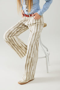 Q2 Women's Jean Beige Wide Leg Elastic Striped Pants