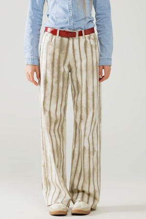 Q2 Women's Jean Beige Wide Leg Elastic Striped Pants