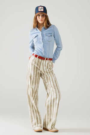 Q2 Women's Jean Beige Wide Leg Elastic Striped Pants