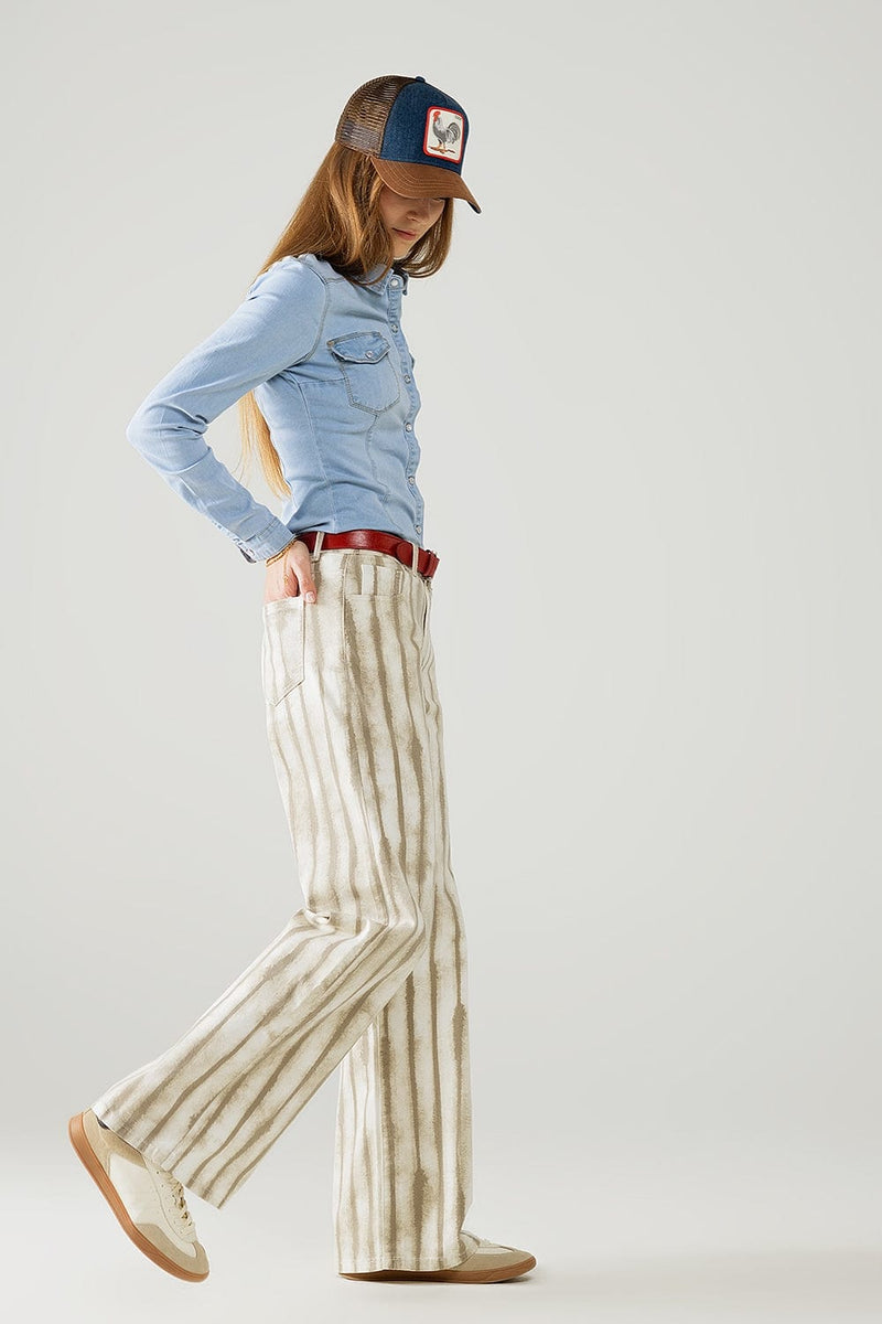 Q2 Women's Jean Beige Wide Leg Elastic Striped Pants