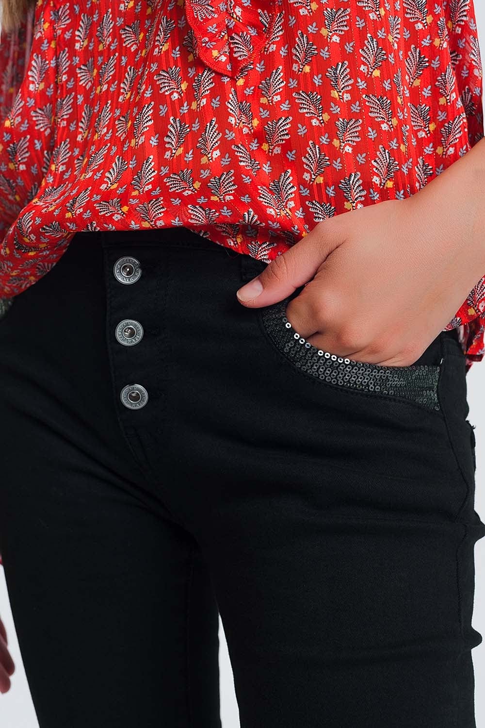 Q2 Women's Jean Black boyfriend pants with sequin pocket detail