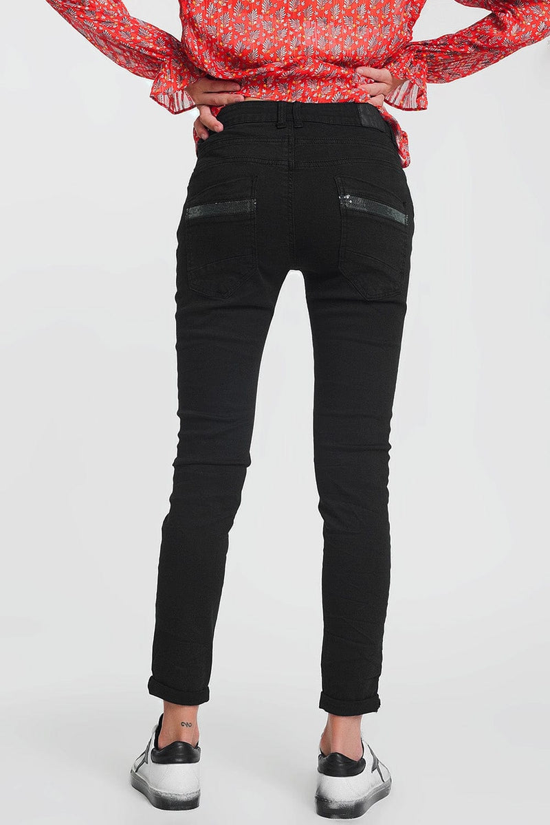 Q2 Women's Jean Black boyfriend pants with sequin pocket detail