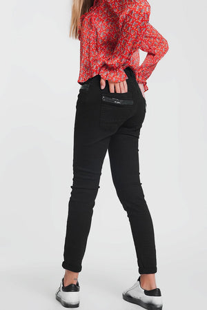 Q2 Women's Jean Black boyfriend pants with sequin pocket detail