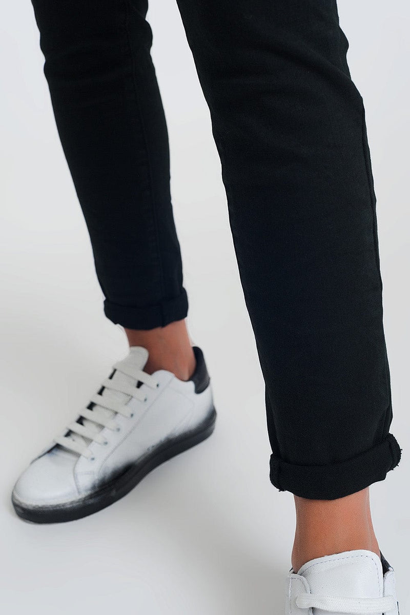 Q2 Women's Jean Black boyfriend pants with sequin pocket detail