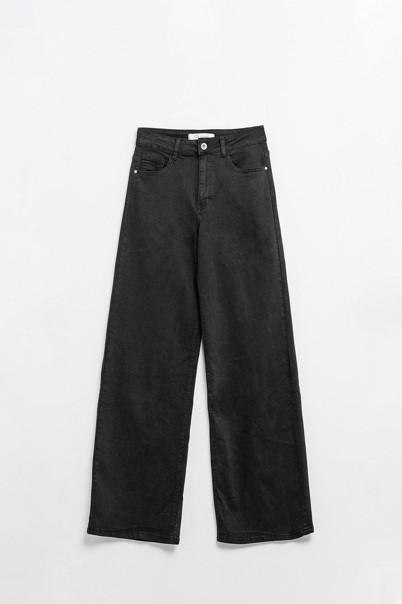 Q2 Women's Jean Black High-Waisted Wide-Leg Pants