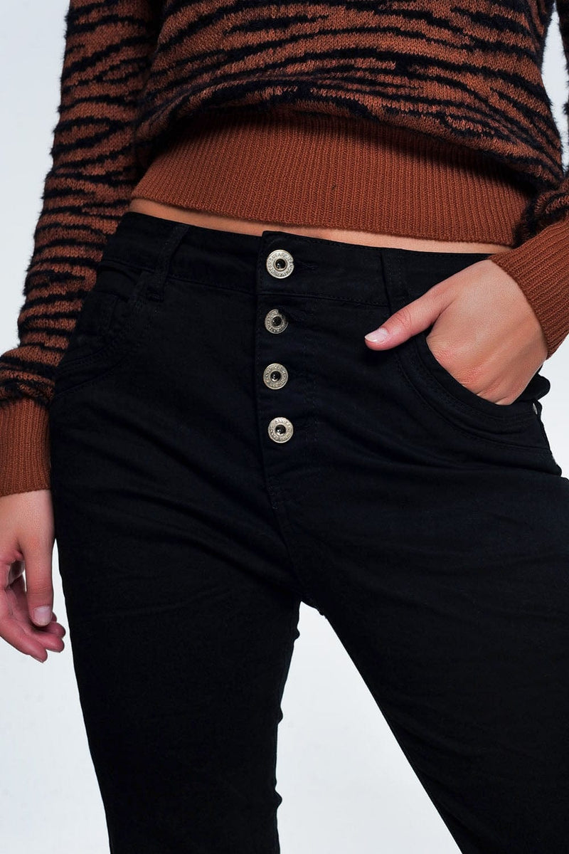 Q2 Women's Jean Black Jeans with Button Closure