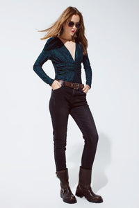 Q2 Women's Jean Black Jeans With Elastic Waist And Cord