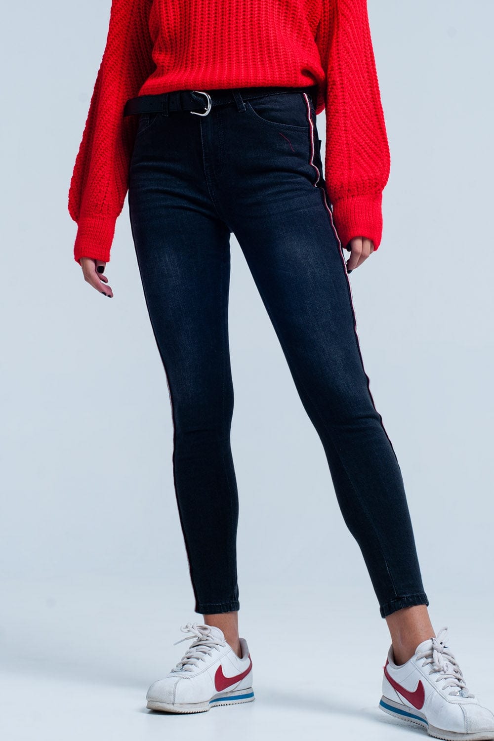 Q2 Women's Jean Black Skinny Jeans with Red Side Stripe