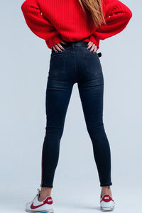 Q2 Women's Jean Black Skinny Jeans with Red Side Stripe