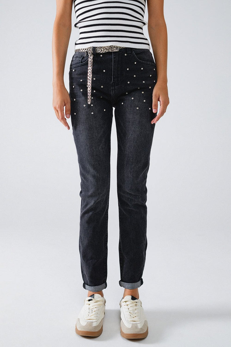 Q2 Women's Jean Black Skinny Jeans With Rhinestones