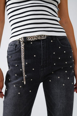 Q2 Women's Jean Black Skinny Jeans With Rhinestones