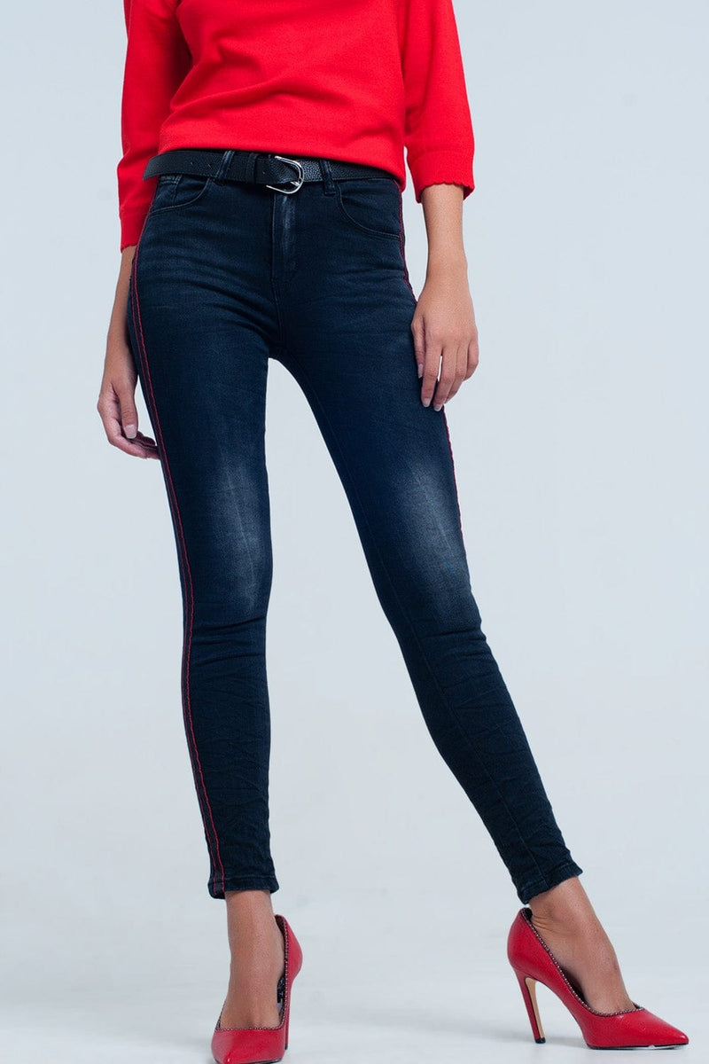 Q2 Women's Jean Black skinny leg jeans with side stripe