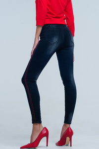 Q2 Women's Jean Black skinny leg jeans with side stripe