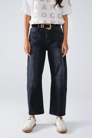 Q2 Women's Jean Black Straight Jeans With Seam Detail