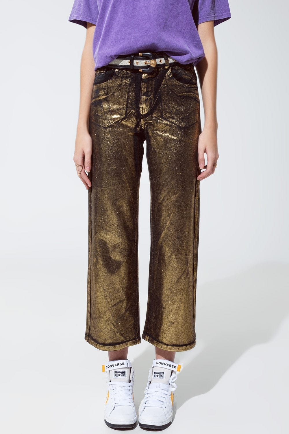 Q2 Women's Jean Black Straight Leg Jeans With Gold Metallic Glow