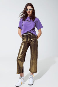 Q2 Women's Jean Black Straight Leg Jeans With Gold Metallic Glow