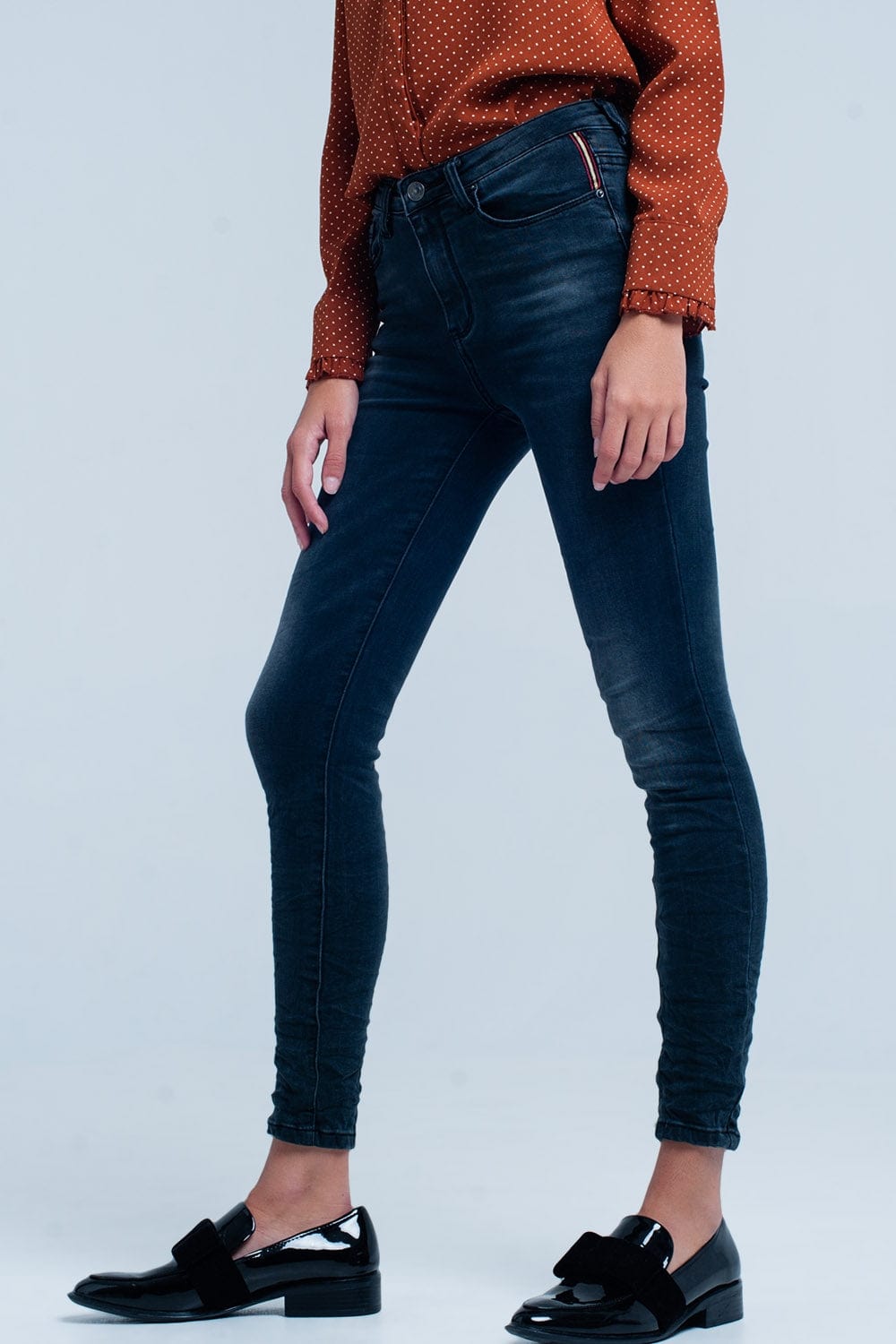 Q2 Women's Jean Black wrinkled skinny high-waisted jeans