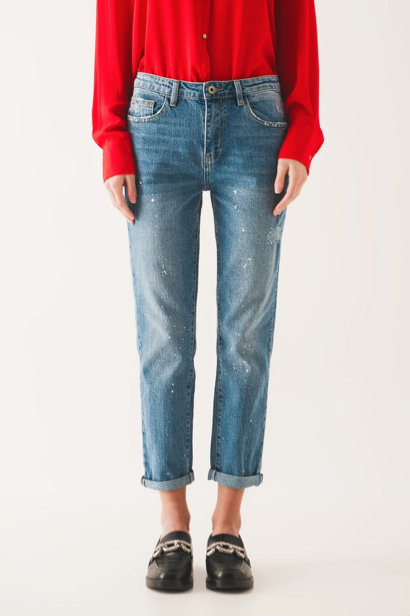 Q2 Women's Jean Bleach Splatter Mom Jeans