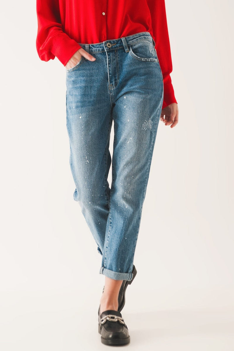 Q2 Women's Jean Bleach Splatter Mom Jeans