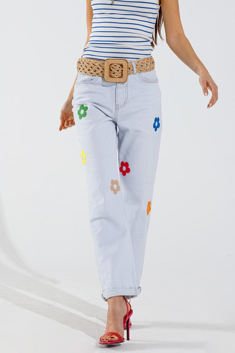 Q2 Women's Jean Bleached Relaxed Jeans With Multicolor Floral Design