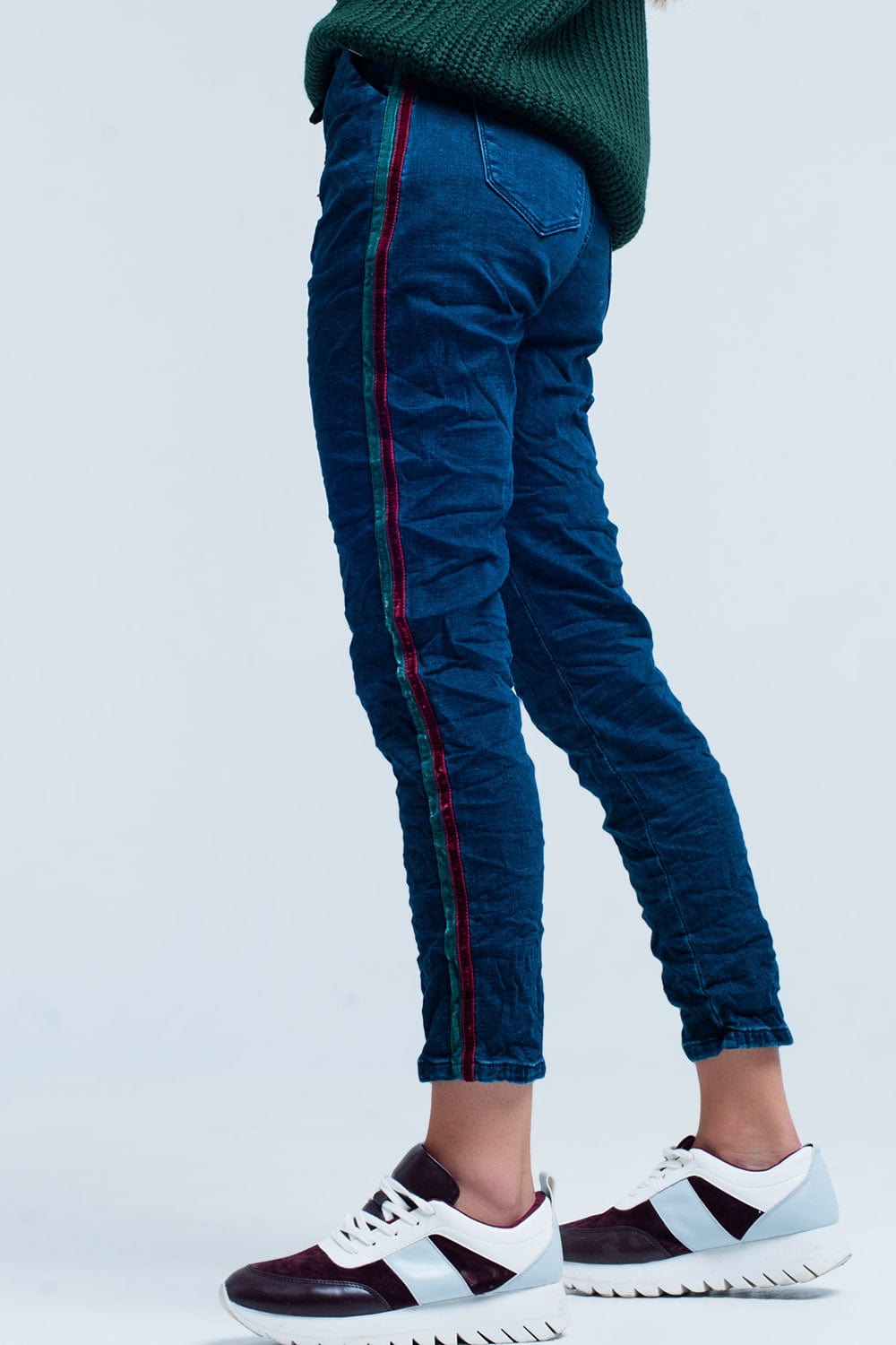 Q2 Women's Jean Blue Baggy Jeans multi-color side stripe
