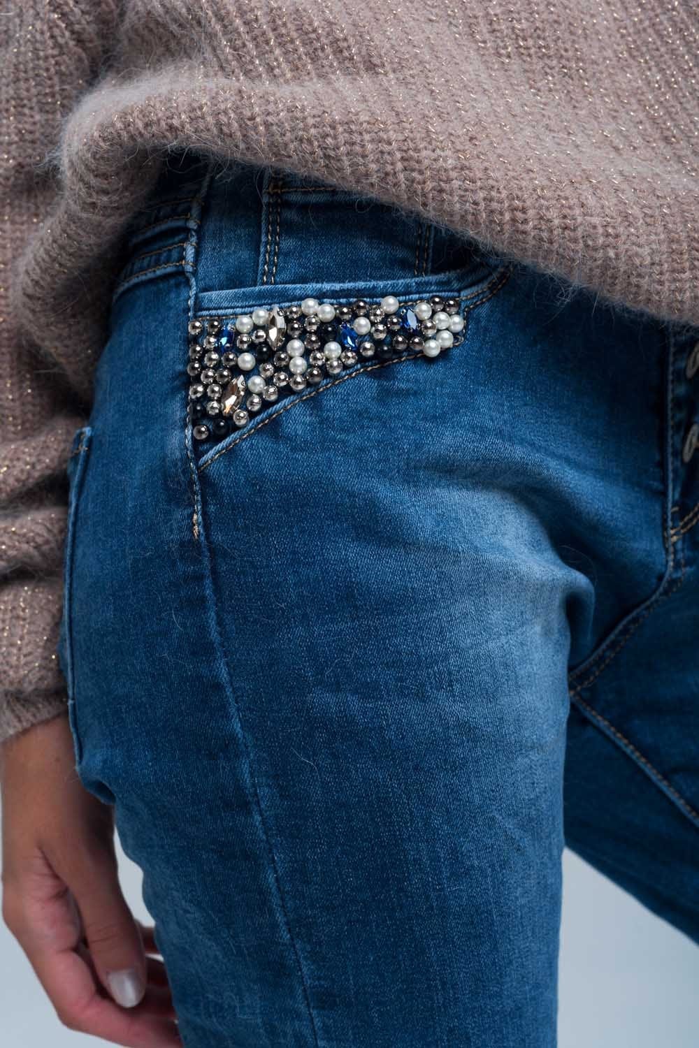 Q2 Women's Jean Blue boyfriend jeans with pearls