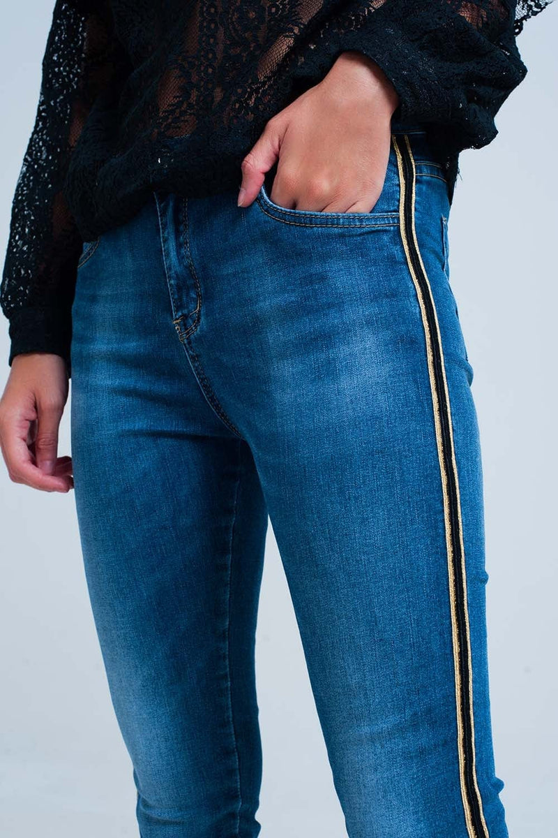 Q2 Women's Jean Blue denim pants with gold and black sideband