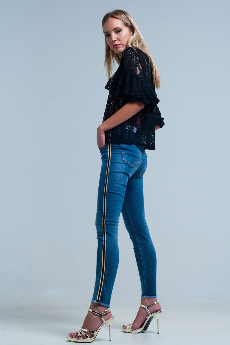 Q2 Women's Jean Blue denim pants with gold and black sideband