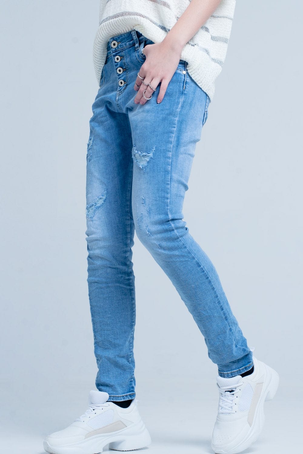 Q2 Women's Jean Blue Distressed Boyfriend Jeans