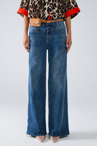 Q2 Women's Jean Blue Flare Jeans With Stitching Detail