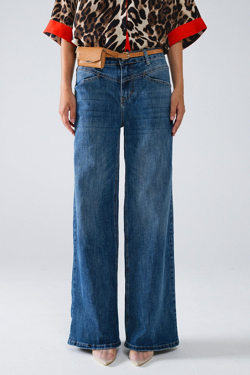 Q2 Women's Jean Blue Flare Jeans With Stitching Detail