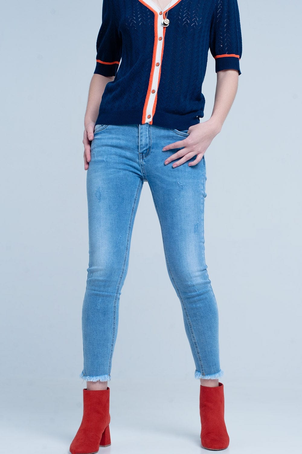 Q2 Women's Jean Blue Fringed Skinny Jeans