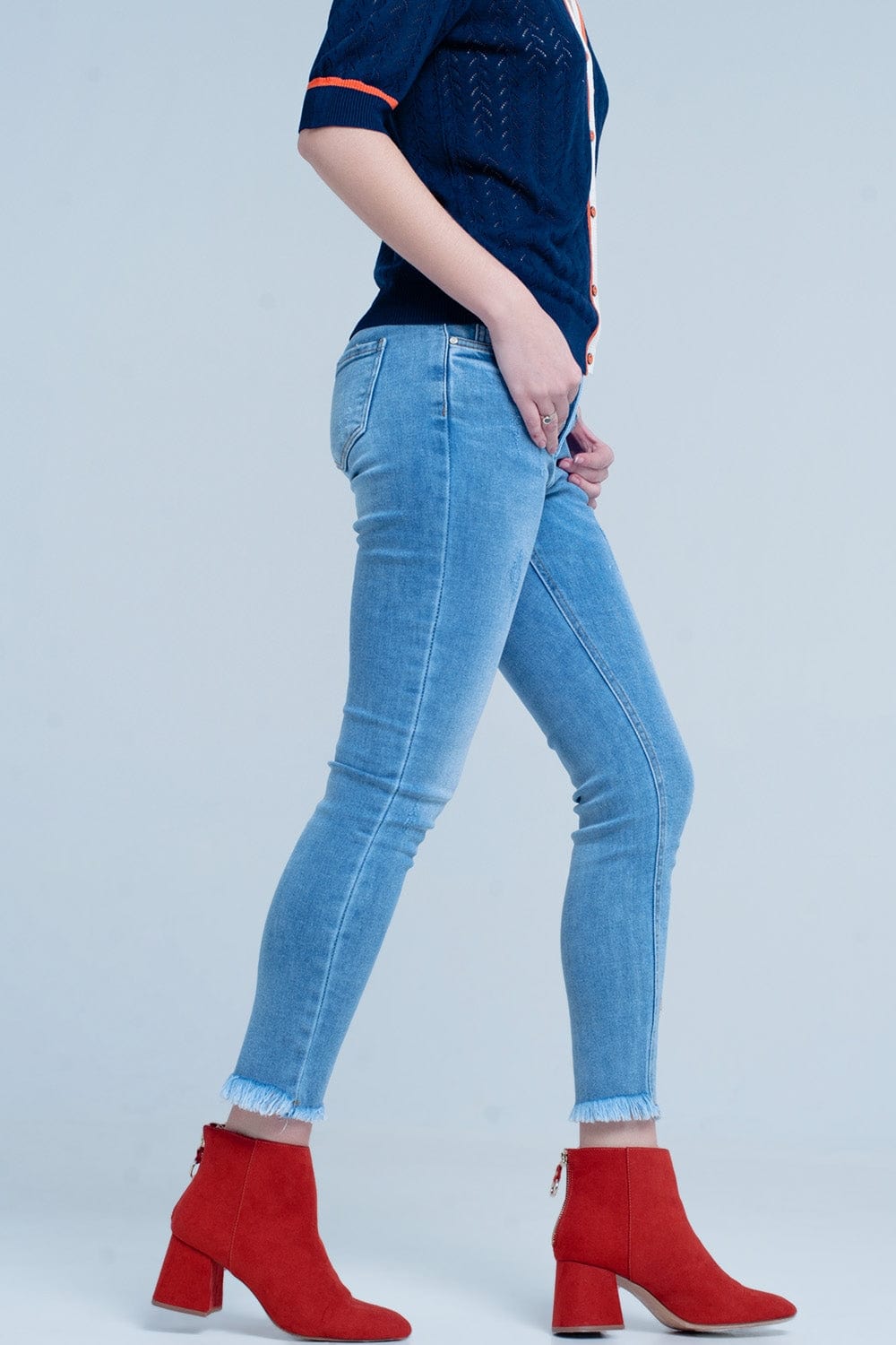 Q2 Women's Jean Blue Fringed Skinny Jeans