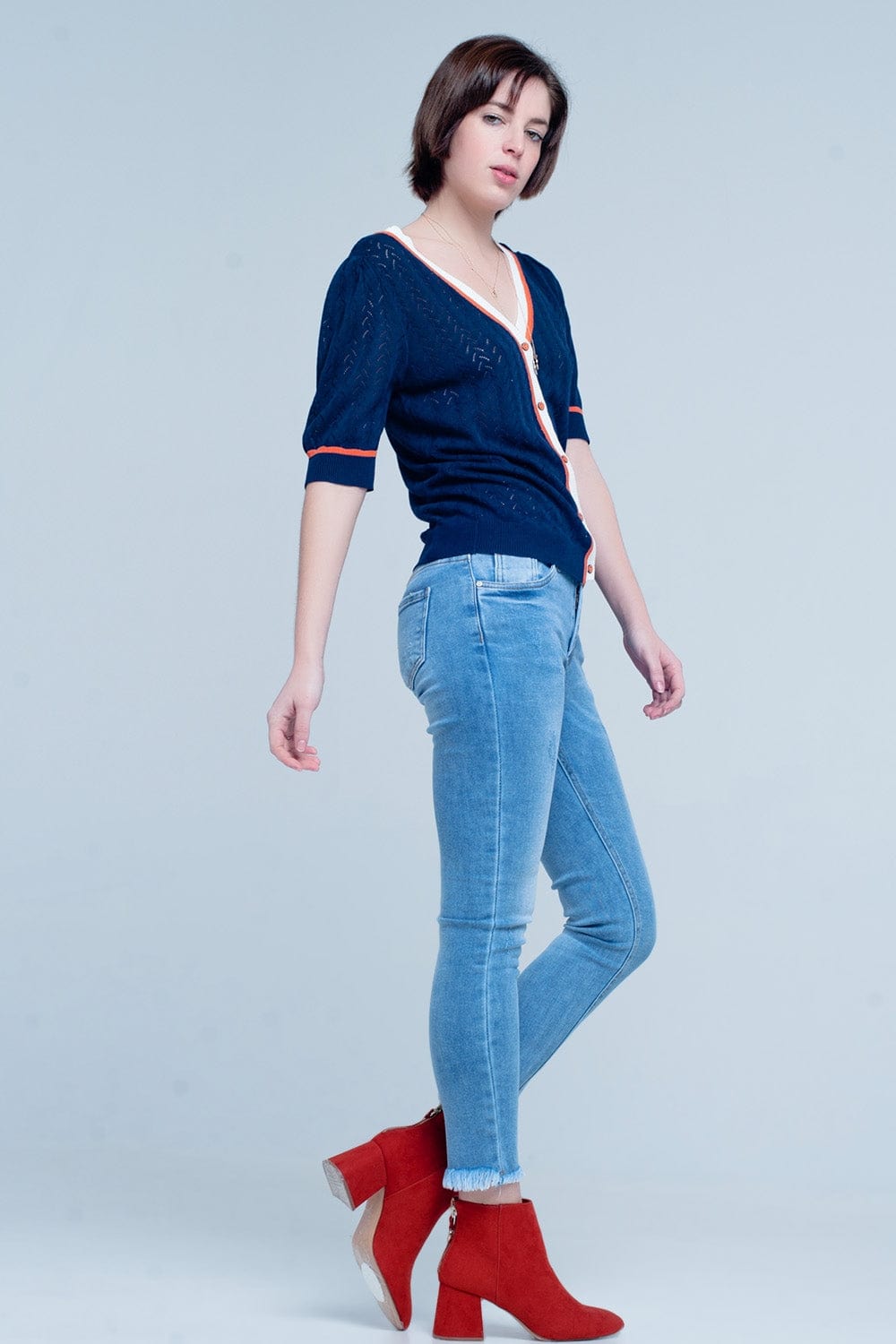Q2 Women's Jean Blue Fringed Skinny Jeans